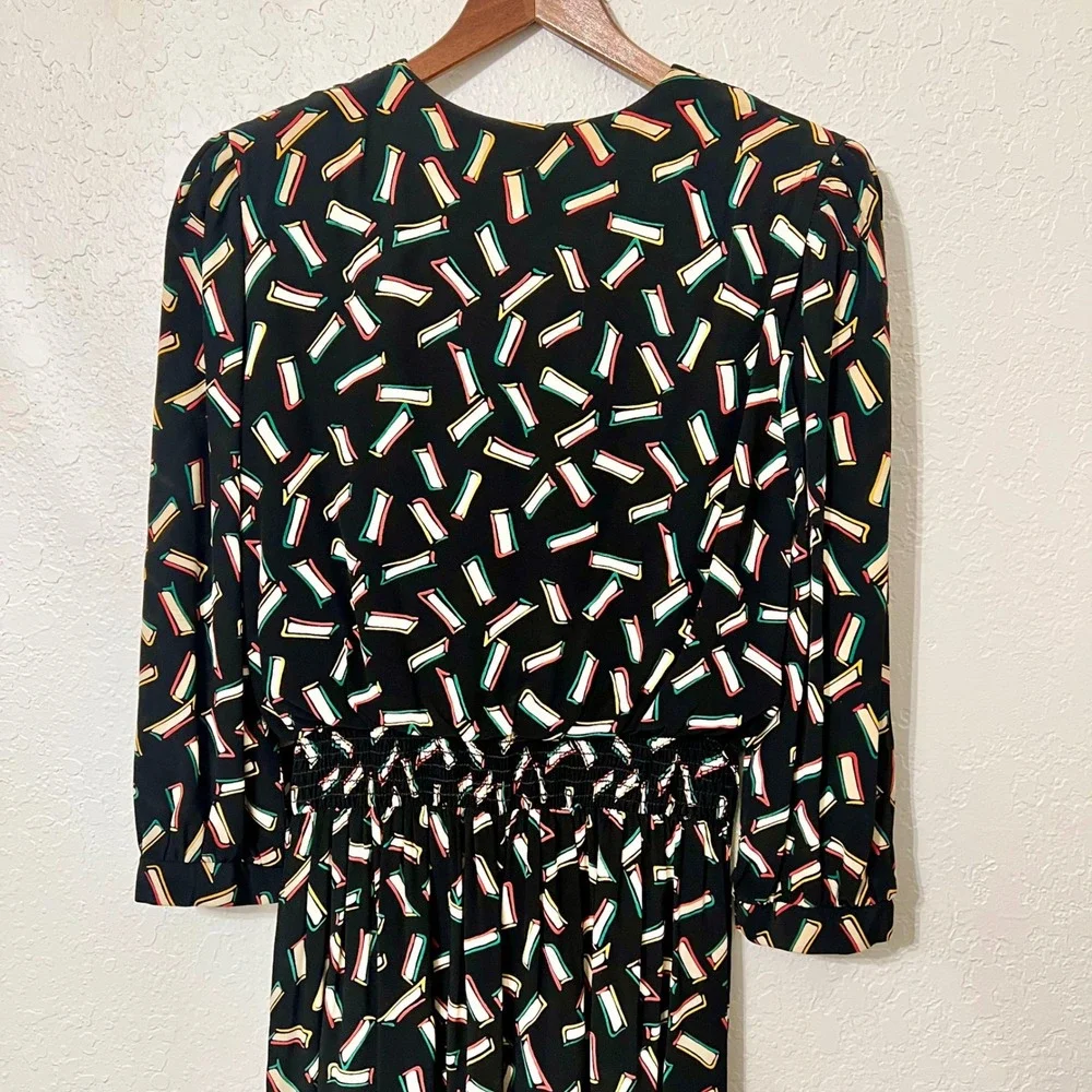 WARREN Z Black Abstract Geometric‎ Print Midi Dress Smocked Waist Retro 80s VTG